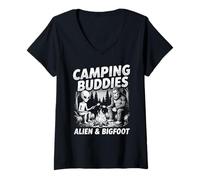 Femme Camping Buddies Alien and Bigfoot Campfire Graphique Extérieur T-Shirt avec Col en V