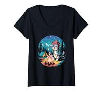 Femme Camping Chat Rôtir Guimauve Campfire Adventure T-Shirt avec Col en V