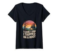 Femme Camping drôle Disant Que Je suis Venu, J'Ai vu, J'Ai trébuché sur Root T-Shirt avec Col en V