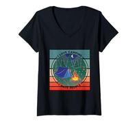 Femme Camping Nature Tente Feu de Camp Forêt Nuit Solitude T-Shirt avec Col en V