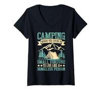Femme Camping où Vous dépensez Une Petite Fortune pour Vivre comme Un Foyer T-Shirt avec Col en V