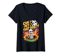 Femme Can I Pet That Dog?! Funny Skeleton Halloween Bootleg T-Shirt avec Col en V