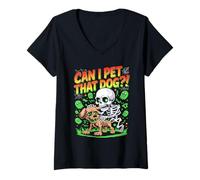 Femme Can I Pet That Dog?! Funny Skeleton Halloween Bootleg T-Shirt avec Col en V