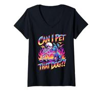 Femme Can I Pet That Dog?! Funny Skeleton Halloween Bootleg T-Shirt avec Col en V