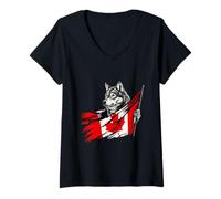 Femme Canada Wolf Drapeau Canadien Fierté canadienne Racines canadiennes T-Shirt avec Col en V