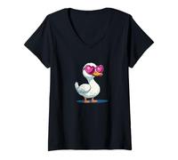 Femme Canard amusant avec nuances de cœur pour les amateurs de lunettes de soleil et de canards T-Shirt avec Col en V