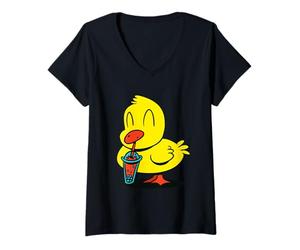 Femme Canard Buvant - Le Jeune Canard Mignon boit Une Boisson T-Shirt avec Col en V