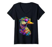 Femme Canard Multicolore Arc-en-Ciel Canard Colvert Héron Malard T-Shirt avec Col en V
