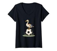 Femme Canard sur Ballon de Football Illustration T-Shirt avec Col en V