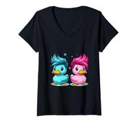 Femme Canards roses et bleus T-Shirt avec Col en V