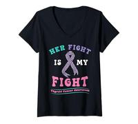 Femme Cancer de la thyroïde Son Combat Mon Combat de Conscience du T-Shirt avec Col en V