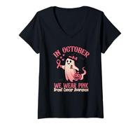 Femme Cancer du Sein en Octobre, Nous portons Une sorcière fantôme Rose Halloween T-Shirt avec Col en V