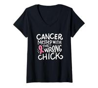 Femme Cancer du Sein en Octobre Rose avec Le Mauvais Poussin T-Shirt avec Col en V