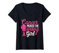 Femme Cancer Picked The Wrong Girl Pink Boxing Glove T-Shirt avec Col en V