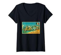Femme Cancun Mexique Vintage Voyage Souvenir Post Art Graphique T-Shirt avec Col en V