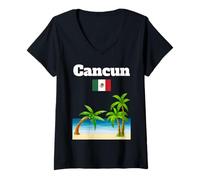 Femme Cancun souvenir tropical plage palmier drapeau mexique T-Shirt avec Col en V