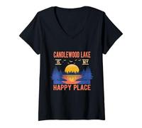 Femme Candlewood Lake Is My Happy Place Camping Sayings Camper T-Shirt avec Col en V