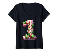 Femme Candy Cane 1 Holly Berries Christmas Joy T-Shirt avec Col en V