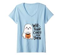 Femme Candy Yarn Ghost Shirt Funny Crochet Halloween Trick Treat T-Shirt avec Col en V