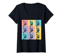 Femme Cane Corso Pop Art Nœud Papillon coloré Motif Grille T-Shirt avec Col en V