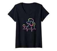 Femme Caniche Dog Heartbeat Line Art Dog Paw Print T-Shirt avec Col en V