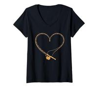 Femme Canne à pêche cœur Saint-Valentin pêcheur Amour Bar pêcheur T-Shirt avec Col en V