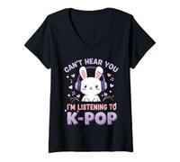 Femme Can't Hear You I'm Listening To K-Pop Cute Rabbit Music Fan T-Shirt avec Col en V
