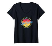 Femme Cap-Vert île Coucher de Soleil rétro Palmier Souvenir T-Shirt avec Col en V