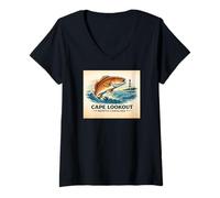 Femme Cape Lookout, Caroline du Nord, pêche au Tambour Rouge, Motif océanique T-Shirt avec Col en V