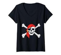 Femme Capitaine Pirate - Crâne et os croisés, Voyageur, Wander Sailing T-Shirt avec Col en V
