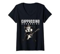 Femme Cappuccino Assassino Jouant de la Guitare Italienne Brainrot Meme T-Shirt avec Col en V