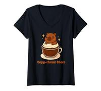 Femme Capy-Chaud Choco Capybara Chocolat Chaud Kawaii Mignon T-Shirt avec Col en V