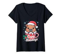 Femme Capy Holidays Chapeau de Père Noël Capybara T-Shirt avec Col en V