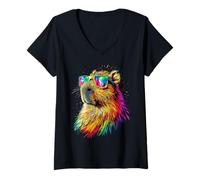 Femme Capybara avec Lunettes Soleil Coloré Popart Cochon Capybara T-Shirt avec Col en V