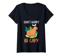 Femme Capybara Bird Friendship Cute Don't Worry Be Capy Citation T-Shirt avec Col en V