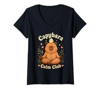 Femme Capybara Calm Club Mignon Méditant Animal Zen T-Shirt avec Col en V