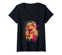 Femme Capybara Drip Splash Peinture Cool Music Street Rap Style T-Shirt avec Col en V