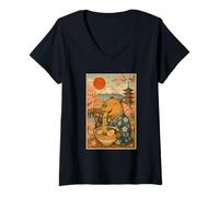 Femme Capybara Mangeant des Ramen dans Un Kimono Fleurs de Cerisier Mont Fuji T-Shirt avec Col en V