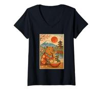 Femme Capybara Mangeant des Ramen en Kimono Mont Fuji Cherry Blossoms T-Shirt avec Col en V