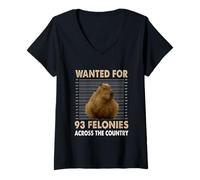 Femme Capybara Mugshot recherché pour 93 Crimes à Travers Le Pays T-Shirt avec Col en V