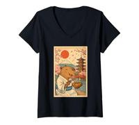 Femme Capybara Portant Un Kimono Mangeant Takoyaki Fuji Cherry Blossoms T-Shirt avec Col en V