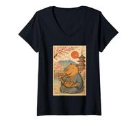 Femme Capybara Portant Un Kimono Mangeant Takoyaki Fuji Cherry Blossoms T-Shirt avec Col en V