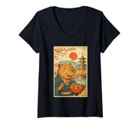 Femme Capybara Portant Un Kimono Mangeant Takoyaki Fuji Cherry Blossoms T-Shirt avec Col en V