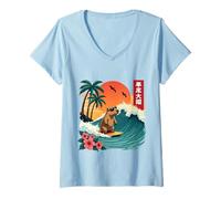 Femme Capybara Surf Wave Retro Palm Tree Sunset Capybara Lovers T-Shirt avec Col en V