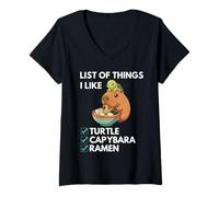 Femme Capybara Turtle Ramen Liste des Choses Que J'aime Kawaii Mignon T-Shirt avec Col en V