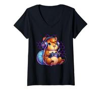 Femme Capybara Video Games Controller Gaming Men Women Kids Funny T-Shirt avec Col en V