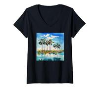 Femme Caraïbes Tropical Island Palm Trees Aquarelle Beach Art v1 T-Shirt avec Col en V