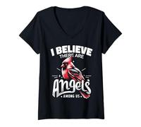 Femme Cardinal Bird Je Crois qu'il y a des Anges Parmi Nous Cardin Rouge T-Shirt avec Col en V