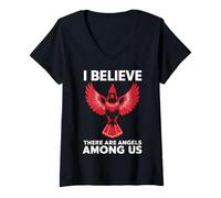Femme Cardinal Bird Je Crois qu'il y a des Anges Parmi Nous Oiseau T-Shirt avec Col en V