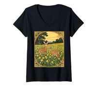 Femme Caribou biche et Faon avec Fleurs Jaunes T-Shirt avec Col en V